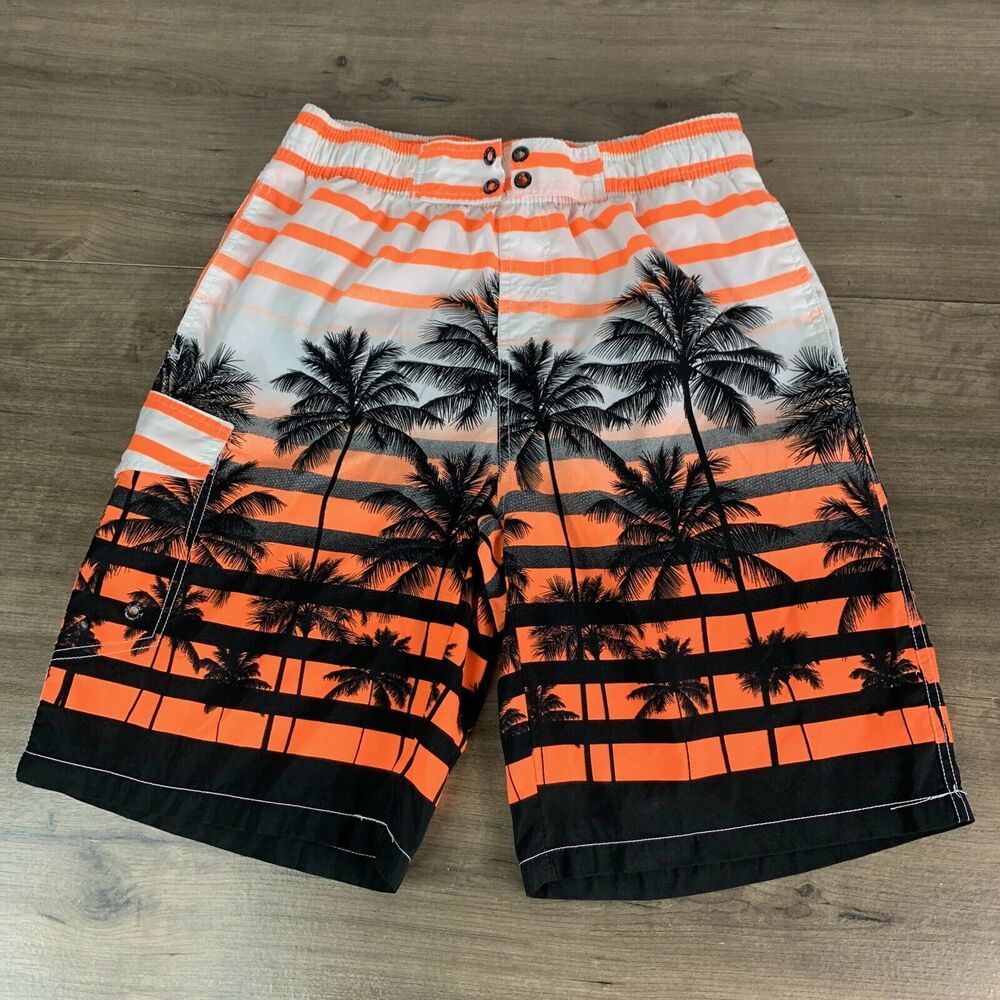 Boys Youth Swim Trunks Shorts Size M Medium W28 Palm Orange Lined Surfing